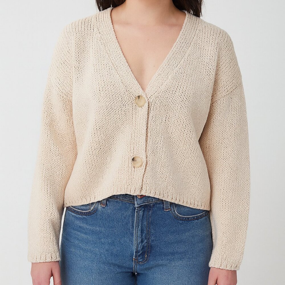 NWT The White Company Cotton V-Neck Knit Cardigan Tan Size Large‎